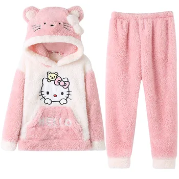 Hello Kitty laste tüdrukute pidžaama sügisel ja talvel hoida soojas Cartoon Palus paksenenud lapp Palus koju riideid kapuutsiga komplekt