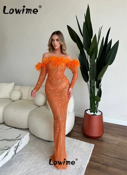 Araabia Oranžid Suled Haute Couture Täis Kleit Välja Õla Kuum Roosa Pikkade Varrukatega Pulmapidu Ametliku Kleidid Õhtul Hommikumantlid