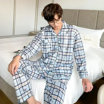 Homewear Pijamas Sleepwear Pikkade varrukatega Kevadel Kontrollida Ja Püksid puuvilla pj Meeste Meeste Sügis Prindi Sobib Pidžaama