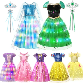 Disney Külmutatud Printsess Elsa Anna LED Valgus Kleit Üles Tüdrukud Lapsed Cosplay peorõivad Belle Rapunzel Helendav Aurora Tanssiaiset Kleit