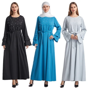 Moslemi Lady Krae Ümber Pärl Pikkade Varrukatega Vöö Abaya Araabia Naised Värviga Traditsiooniline Pahkluu Pikkusega Kleit Maxi Kleit