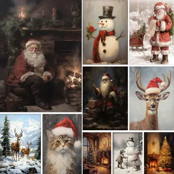 Vintage Jõulud Lõuendile Maali Pidulik Seina Art Decor Santa Riik Talumaja Talvine Maastik Männi-Puu, Lumememm Plakatid