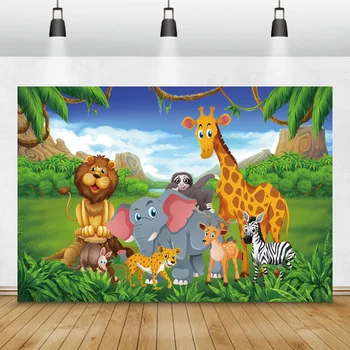 Cartoon Džunglis Loomade Foto Taust Wild Safari Sünnipäeva Decor Baby Shower Kohandatud Bänner Pere Fotograafia Taustaks