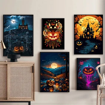 Kõrvitsa-Musta Kassi Vaim maalimislõuend Plakat Halloween Öö Wall Art Pilte elutuba Baar, Klubi, Kaasaegse Kodu Decor