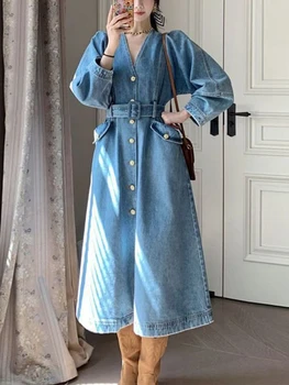 Suvine Kleit Naiste 2023 Uus Mood Korea Elegantne Sinine Denim Vintage Lahti Pikk Kleit Streetwear Vabaaja Riided-LINE Keskel Vasikas