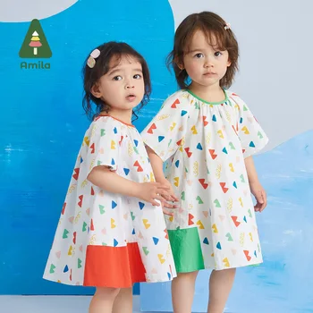 Amila Baby Girl Dress 2023 Suvel Uus 100% Puuvillane Armas Geomeetriline Värvi Muhk Prindi Vabaaja Õmblemine Kleidid, Laste Riided 0-6Y