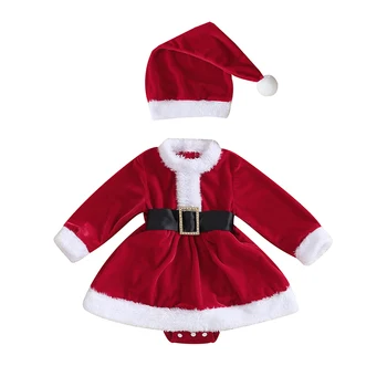 Teise lapse Beebi Tüdruk Jõulud Kleit Santa Romper Kleit Punane Samet, Pikk Varrukas Karusnaha Tülli Kleit Müts Talve Riided