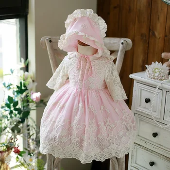 Tüdrukute Kleidid 2024 Flower Girl Pits Kleit Lapsed 2 Tk Müts Lastele Printsess 1. Sünnipäeva Imiku Elegantne Palli Hommikumantlid Vestido