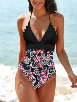 Ühes Tükis Ujumisriided Naiste Ujumistrikoo 2023 Uus Seksikas Print V-kaeluse Ruffled Monokini trikoo Naiste Rannas Kanda Bodysuit Suvel XL
