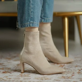 2023 Fashion Shoes Naiste Talve Keskel Vasikas Naiste Saapad Tahked Värvi Pikad Varba Karja Tõmblukk Kõrged Kontsad Zapatillas De Mujer