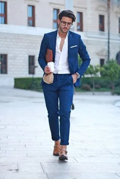 Kostüüm Homme Mariage Beach Sinine Ülikond Meeste Pintsak Pulm Meeste Ülikond Valge Püksid Smart Terno Slim Fit Smoking Mantel Kõnniteed Jope