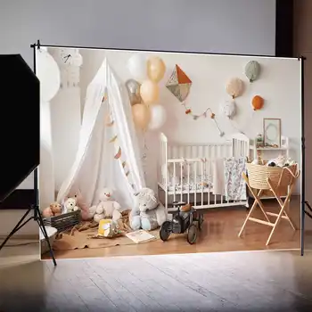 MOON.QG Foto Taustaks Baby Valge Kardin Infanette Tuba Sünnipäeva Taustaga Lapsed Isiku Rekvisiidid, Teddy Bear Õhupalli Auto Kaunistused