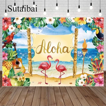Suvel Aloha Taustaks Havai Beach Flamingo Luau Taust Fotograafia Troopiline Lill Muusikaline Pool Decor Sünnipäeva Laps