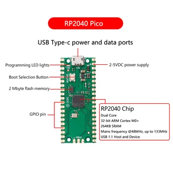 RP2040 Pico Arengu Pardal TCP/UDP RP2040 Pico-W WiFi Moodul Vaarika Pi 264KB ARM Cortex-M0+ Protsessori Tüüp-C Micro-USB