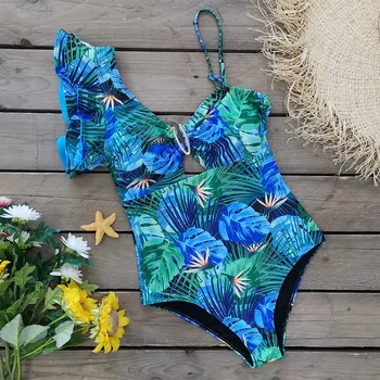 Seksikas Ühe Õla Ruffle Ühes Tükis Ujumistrikoo Prindi Õie Supelrõivad Naiste Ujumistrikoo Trikoo Beachwear