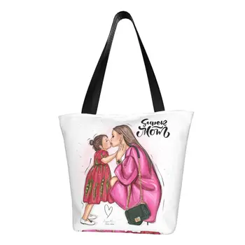 Kawaii Vogue Super Ema Ja Laps Shopping Kott Korduvkasutatavad Cartoon Pere Ema Armastus Toidukaubad Lõuend Õla Shopper Kott