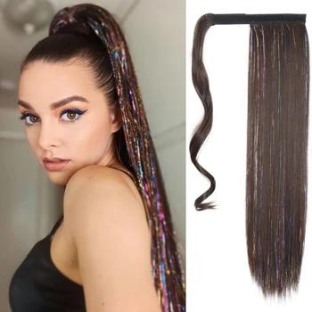 MERISIHAIR Sünteetiline Pikk Sirge Hobusesaba Hairpiece Wrap kohta Clip juuksepikendusi Pruun Kard Laser Hobusesaba Värvilised Fack Juuksed