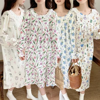 2023 aasta Sügisel Pikad Varrukad Puuvill Õie Printida Nightgowns Naiste korea Armas Pits Sleepwear Öö Kleit Nightdress Kodu Nighty