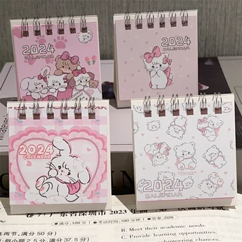 2024 Cartoon Roosa Kass Laua Kalender Mini Armas Seisab Klapp Töölaua Kalender Väike Igapäevane Planeerimine Kuu Kalender Kodu
