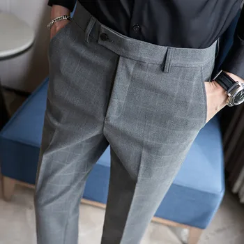Hall/Sinine Pantalon De Vestir Para Hombres Uue Ettevõtte Ametliku Kulumise Ruuduline Ülikond Püksid, Meeste Riided Slim Fit Kontori Püksid 38
