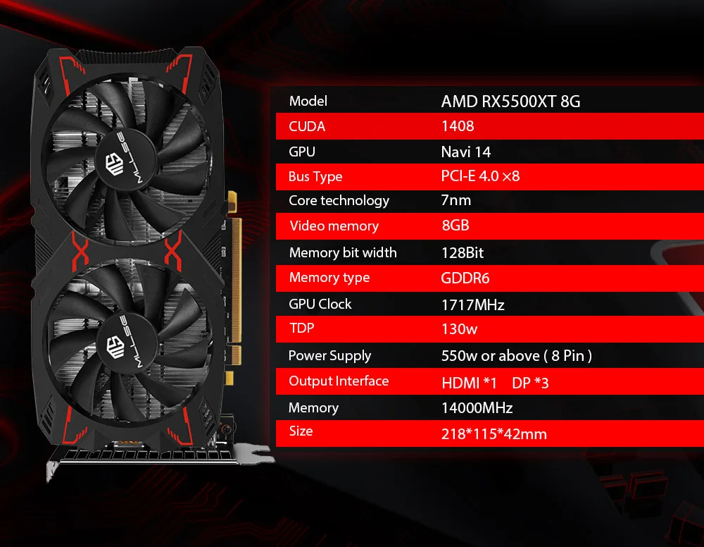 MLLSE AMD RX5500XT 8G Mängude Graafika Kaardi 8GB 128Bit GDDR6 PCI-E 4.0×8 GPU Radeon rx5500xt 8gb mäng videokaardid Placa de vídeo - 5