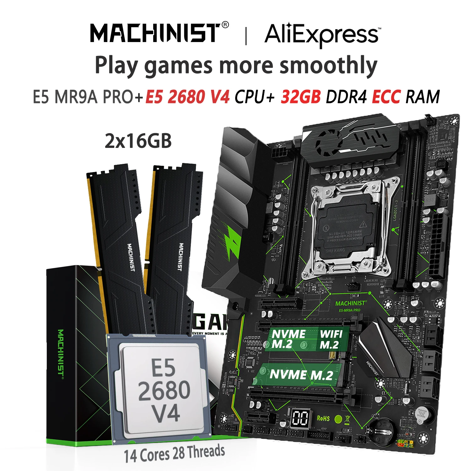 MASINIST MR9A PRO X99 Emaplaadi Kit LGA-2011-3 Set Xeon E5 2680 V4 CPU 2tk*16GB DDR4 ECC RAM Mälu NVME M. 2 ATX SATA 3.0 - 0