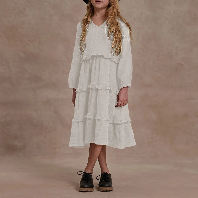 Uus Saabumist Sügisel Talvel Beebi Tüdrukute Kleidid Khaki Valge Punktiir Astmeline Kleidid Pikkade Varrukatega Põlve Pikkus Lapsed Outwears - 1