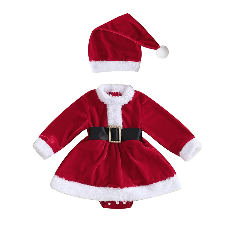 Teise lapse Beebi Tüdruk Jõulud Kleit Santa Romper Kleit Punane Samet, Pikk Varrukas Karusnaha Tülli Kleit Müts Talve Riided - 0