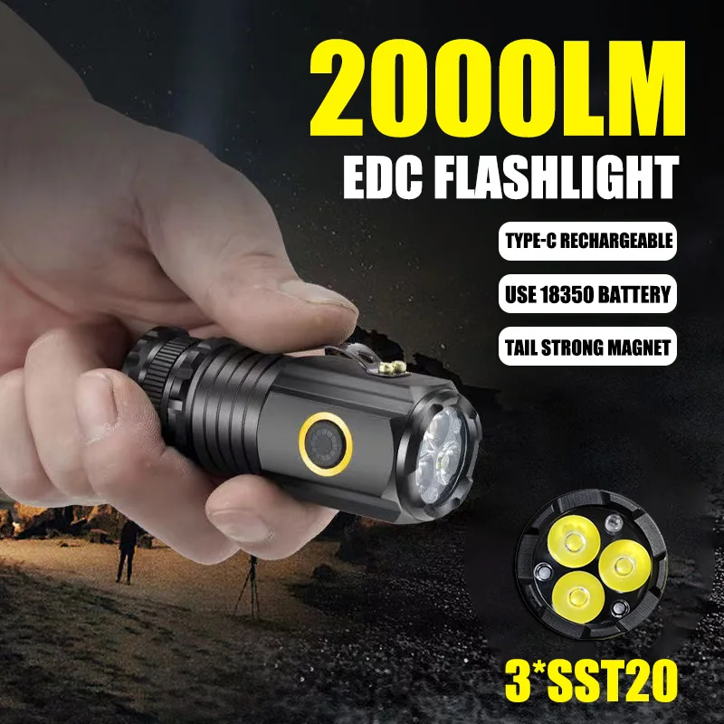 Võimas Kaasaskantav Mini LED Taskulamp 2000LM 3LED Ultra Tugeva Valguse 18350 Sisseehitatud Aku, USB Laetav Magnetiga Tõrvik - 0