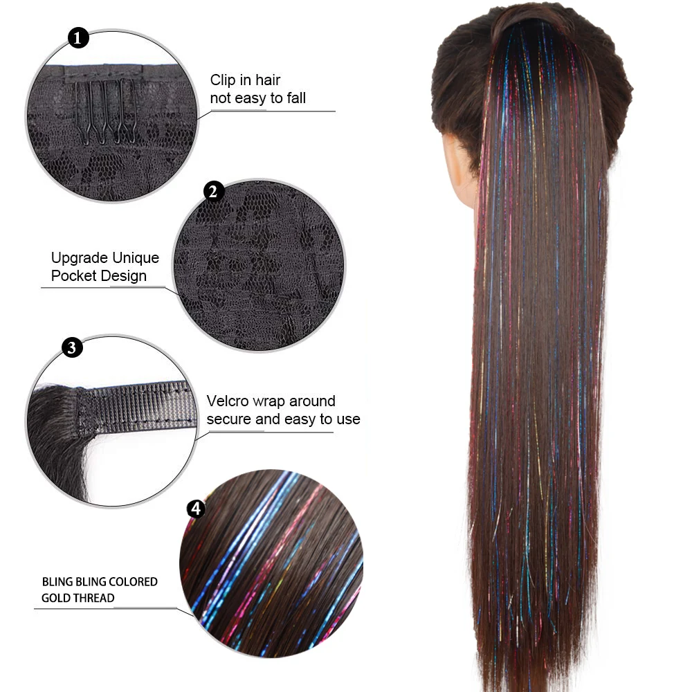 MERISIHAIR Sünteetiline Pikk Sirge Hobusesaba Hairpiece Wrap kohta Clip juuksepikendusi Pruun Kard Laser Hobusesaba Värvilised Fack Juuksed - 2