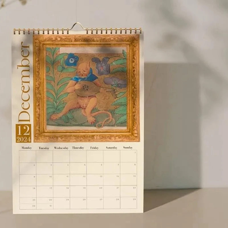 Imelik Kassi Keskaegseid Kalender 2024 Kalender 12 Kuu seinakalender Hangable Office Home Kingitus Kaetud Paberile - 5