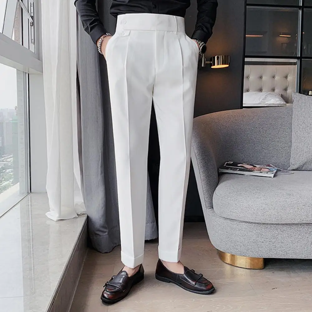 Briti Stiil Kevadel Uusi Tahke Äri Vabaaja Ülikond Püksid Kõrge Vöökoht Nuppu Mehed Ametliku Püksid Kõrge Kvaliteedi Slim Asukoht Püksid - 0