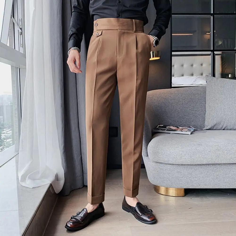 Briti Stiil Kevadel Uusi Tahke Äri Vabaaja Ülikond Püksid Kõrge Vöökoht Nuppu Mehed Ametliku Püksid Kõrge Kvaliteedi Slim Asukoht Püksid - 2